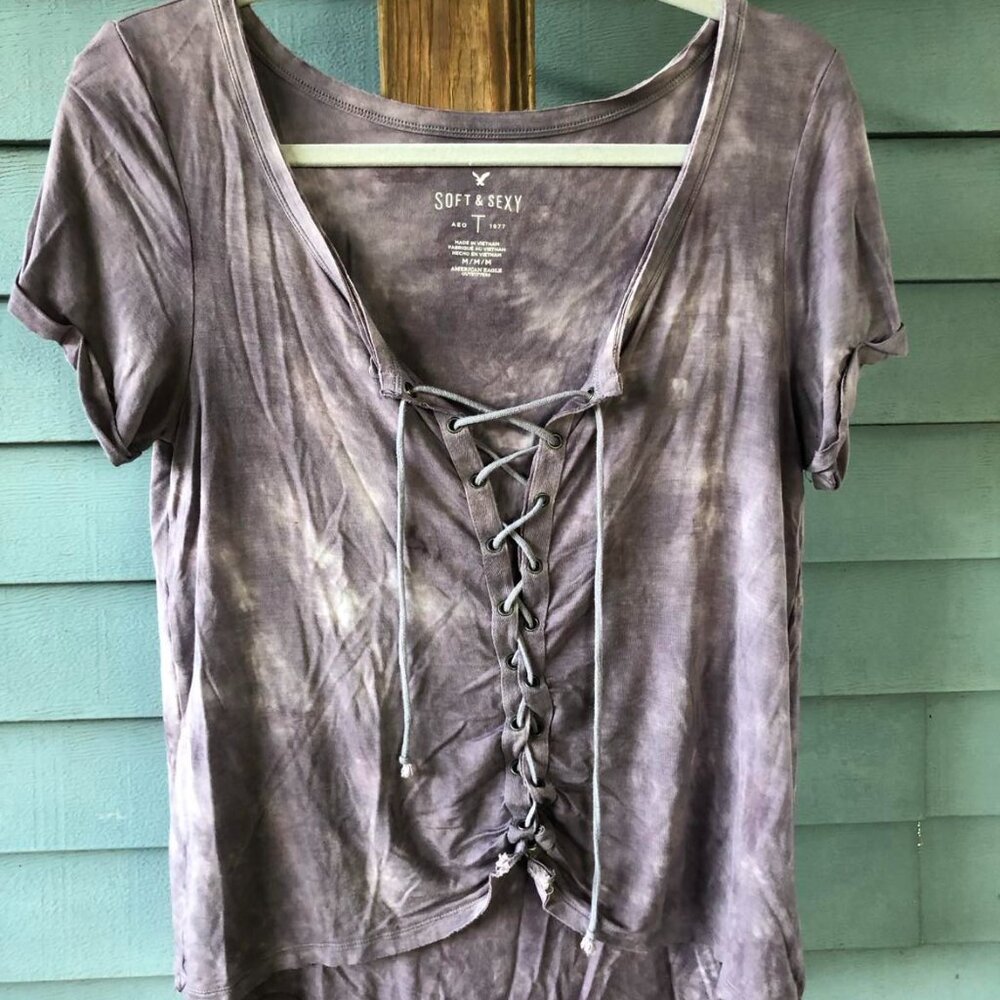 American Eagle Outfitters Purple Lace-up Shirt - Size Medium